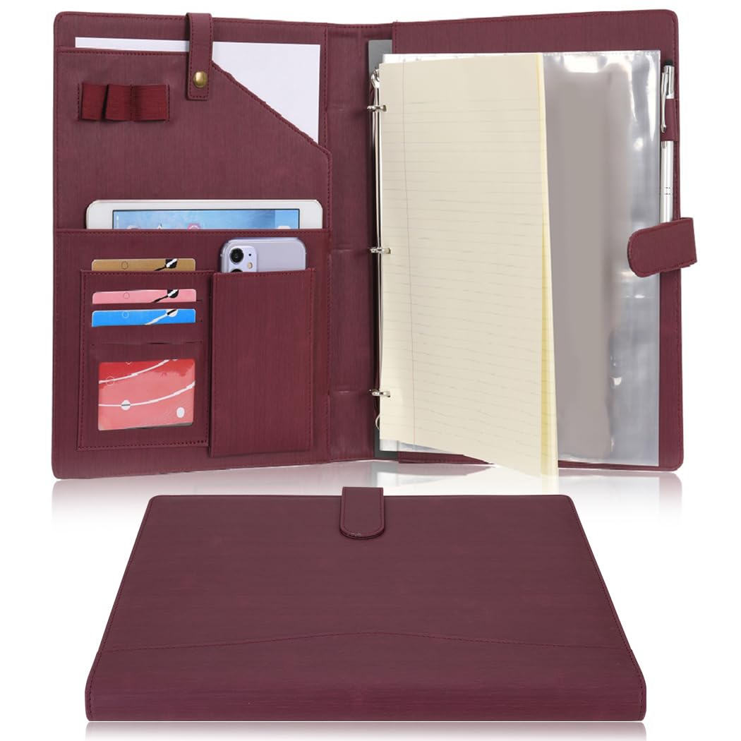 Wonderpool A4 PU Leather Portfolio Holder Ring File Document Case with Removable Binder Clipboard, Multi Pocket and Legal Pad for Business Organizer Interview and Meeting (Wine red)