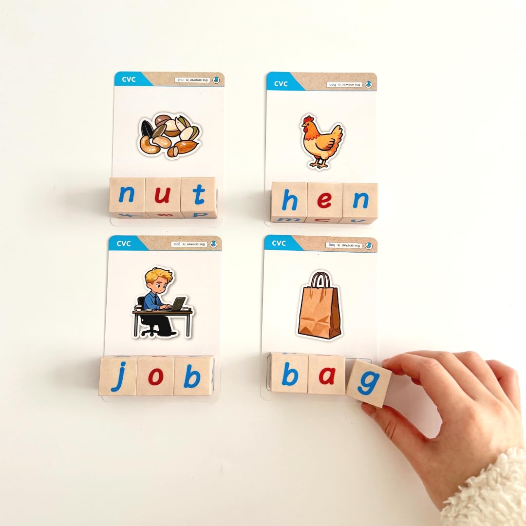 Magnetic CVC Letter Cubes Writing Boards Set. 32 Magnet ABC Blocks, 2 Magnetic Spelling Boards, 100 Word Building Cards, CVC/CVCC Literacy Spelling Reading Alphabet Manipulative Phonemic Awareness