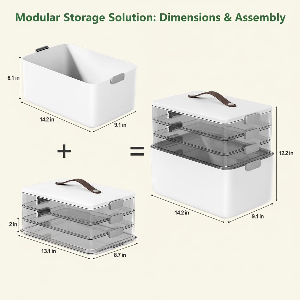 MOPALL 4-Tier Medicine Organizer Storage Box, Portable Latch Bin with Lid and Leather Handle, Cabinet Closet Organization for Home Office, Pill Bottle, First Aid, Sewing, Art, Craft