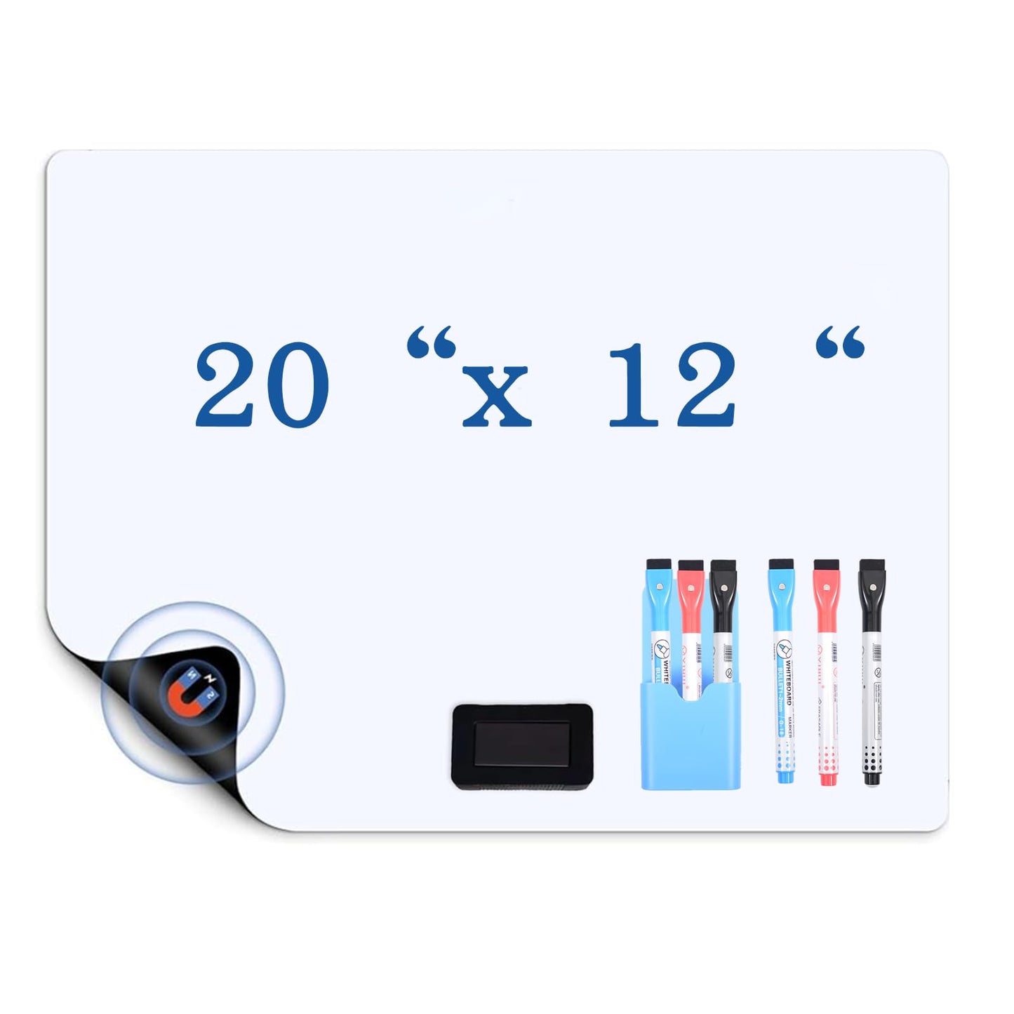Magnetic Dry Erase Whiteboard for Fridge - 20x12 Inch Flexible Memo Board, 8-Piece Set with 1Whiteboard, 6 Markers & 1 Pen Holder, Reusable Magnetic Refrigerator Board for Kitchen, Office, Home& Dorm