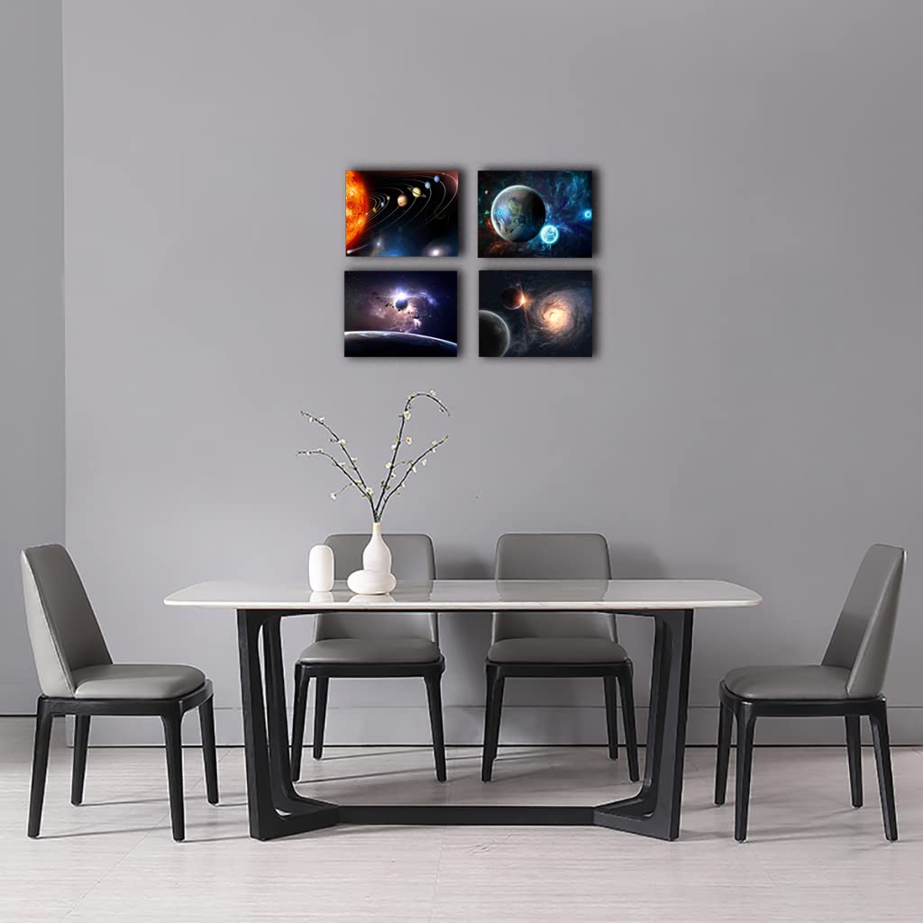 Universe Starry Sky Wall Art Outer Space Planet Wall Art Canvas Decoration Painting，for Bedroom, Lvingroom, Bathroom Decor ，Posters for Kids, Boys or Girls Room ，29x38cmx4pcs，Framed