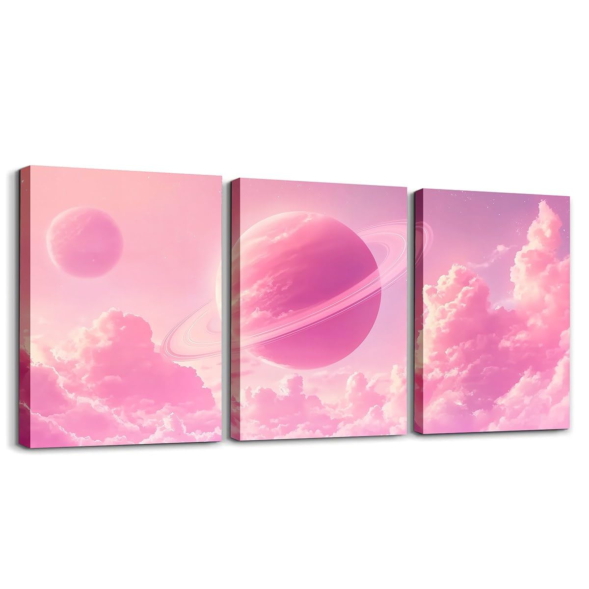 Feelyou Pink Galaxy 3 Piece Canvas Wall Art for Living Room Bedroom Starry Solar System Wall Art for Home Decor 3D Printed Space Office Decor Artwork Dreamy Nebula Picture Painting Posters