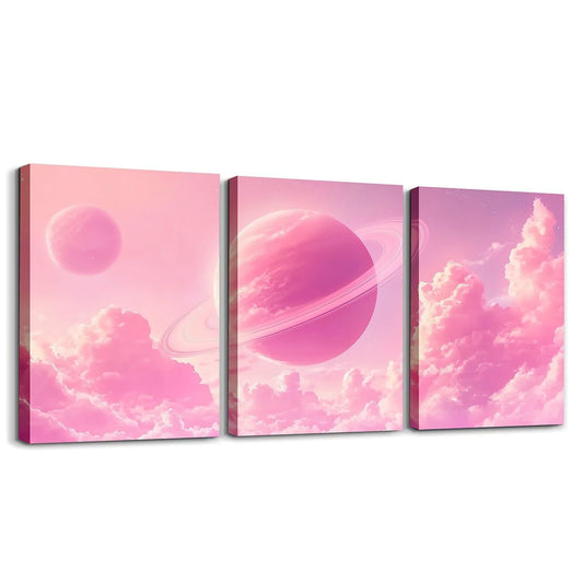 Feelyou Pink Galaxy 3 Piece Canvas Wall Art for Living Room Bedroom Starry Solar System Wall Art for Home Decor 3D Printed Space Office Decor Artwork Dreamy Nebula Picture Painting Posters