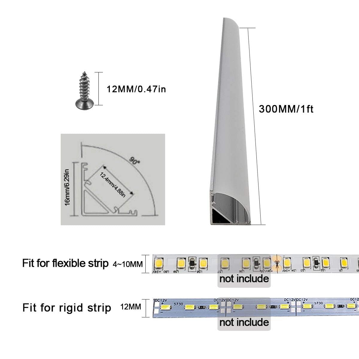 HAMRVL Aluminum LED Channel System, 6-Pack, V Shape, 1ft/30cm, Silver, Includes Cover and Mounting Clips