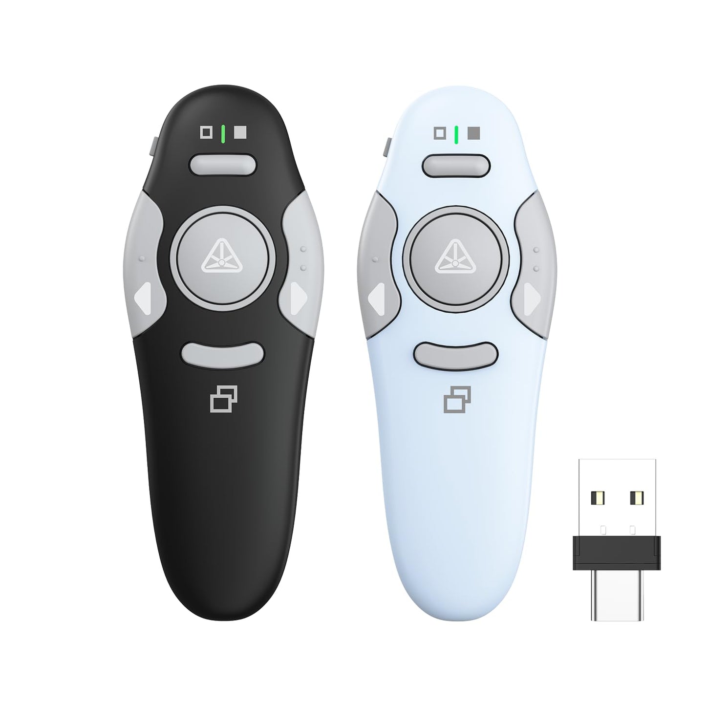 QUI 2 Pack Presentation Clicker, Wireless Presenter Remote Clicker for PowerPoint, Slide Advancer for Mac, Windows, Google Slide, Keynote (USB Type-c, Black Blue)