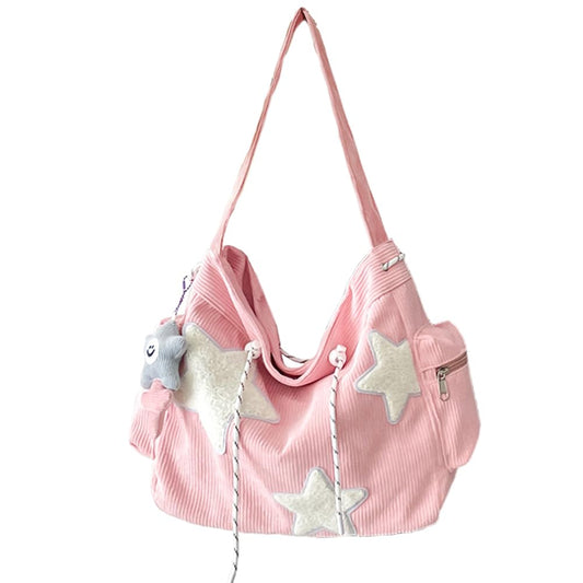 KAMEILONG Star Crossbody Bag Women Corduroy Tote Bag Aesthetic Messenger Bag Cute Shoulder Bag Y2K Hobo Bag (Pink)