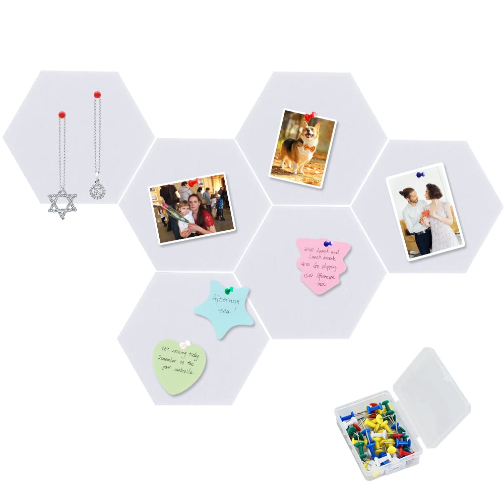 Vuzvuv 6 Pcs Hexagon Bulletin Board with 50 Pushpins & Sticky Note Adhesive Cork Board for Wall，Felt Pin Board for School，Office Decor（White）