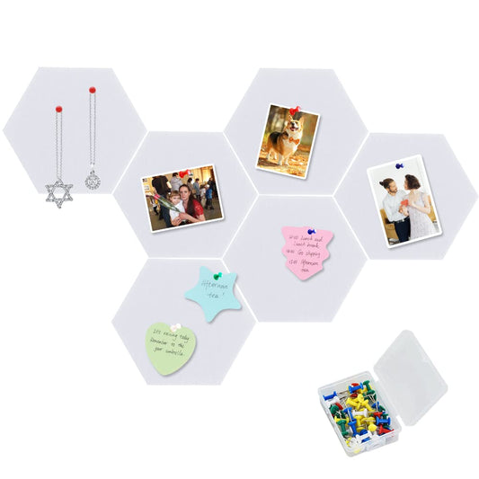 Vuzvuv 6 Pcs Hexagon Bulletin Board with 50 Pushpins & Sticky Note Adhesive Cork Board for Wall，Felt Pin Board for School，Office Decor（White）