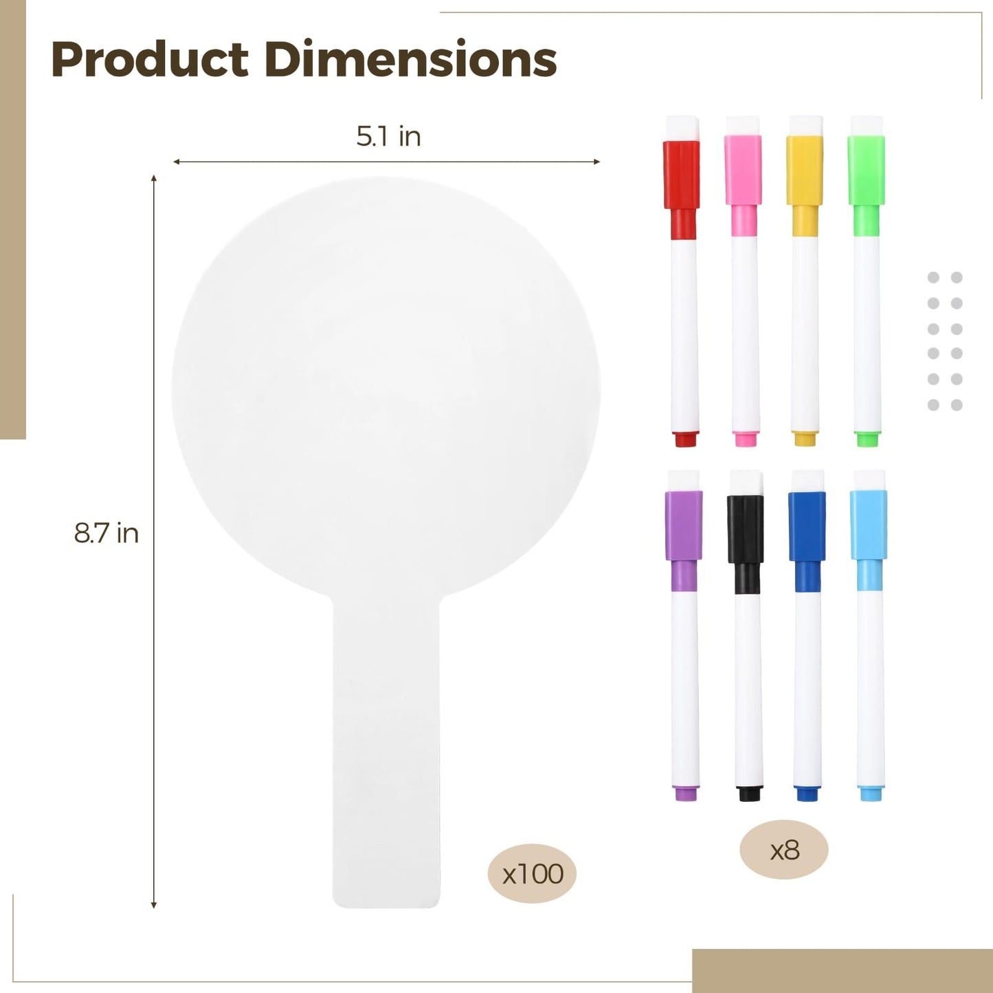 100 Pcs Dry Erase Paddles Set, Includes 8 Markers, Double Sided White Board Answer Paddles for Classroom, Auction, Lightweight and Portable, 8.7 x 5.1 in