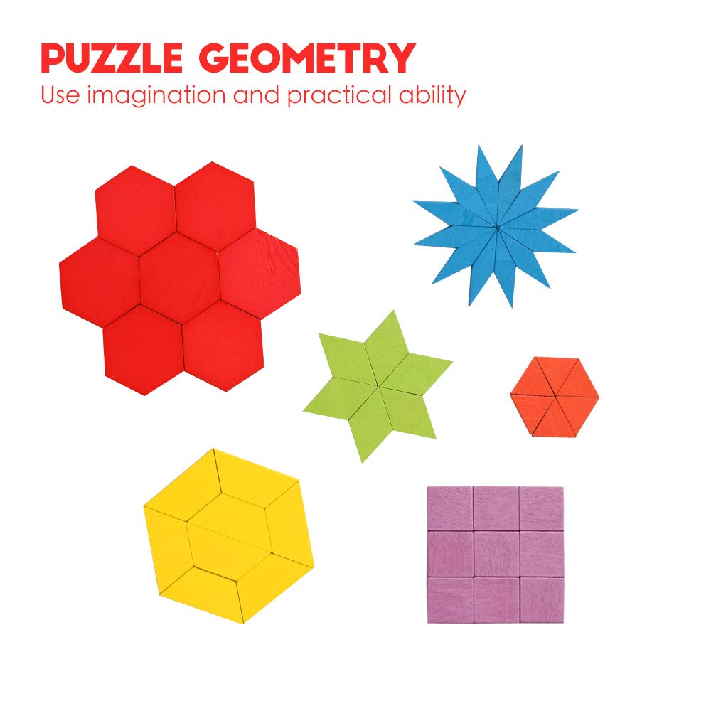 JCREN Wooden Pattern Blocks Montessori Toys Shape Puzzles Kindergarten Classic Educational Tangram Geometric Brain Teaser Toys Best STEM for Kids Ages 4-8 with 24 Pcs Cards