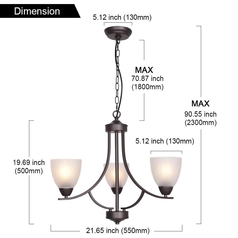 VINLUZ 3 Light Pendant Chandelier, Oil Rubbed Bronze, Alabaster Glass, Model 355-3-13, Modern Lighting for Dining Room, Living Room, Bedroom