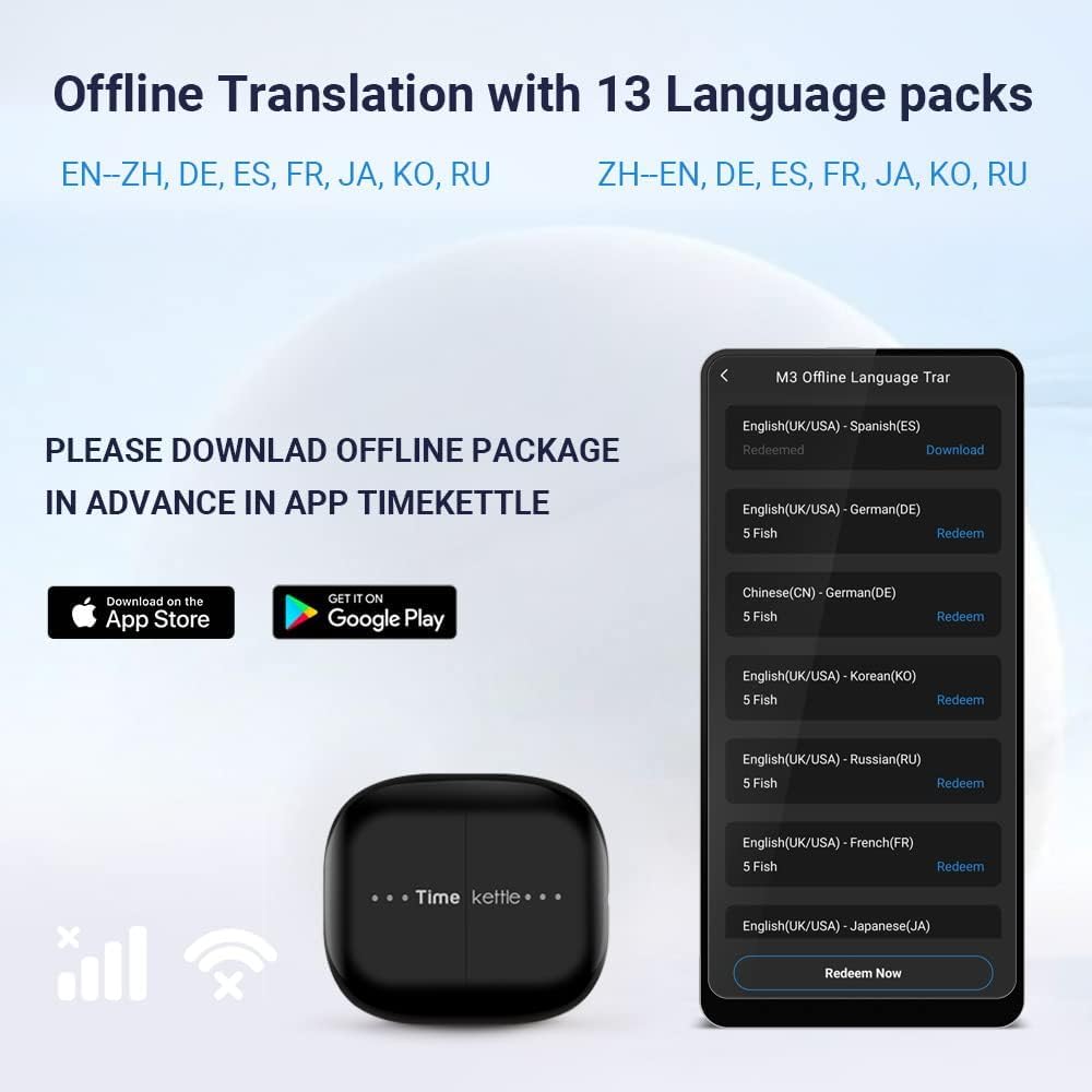 Timekettle M3 3 in 1 Language Translation Earbuds,43 Languages & 96 Accents, Offline Translator, No Subscription,Bluetooth,for Exploring Expat Life Freely, APP Compatible with iOS & Android,Black