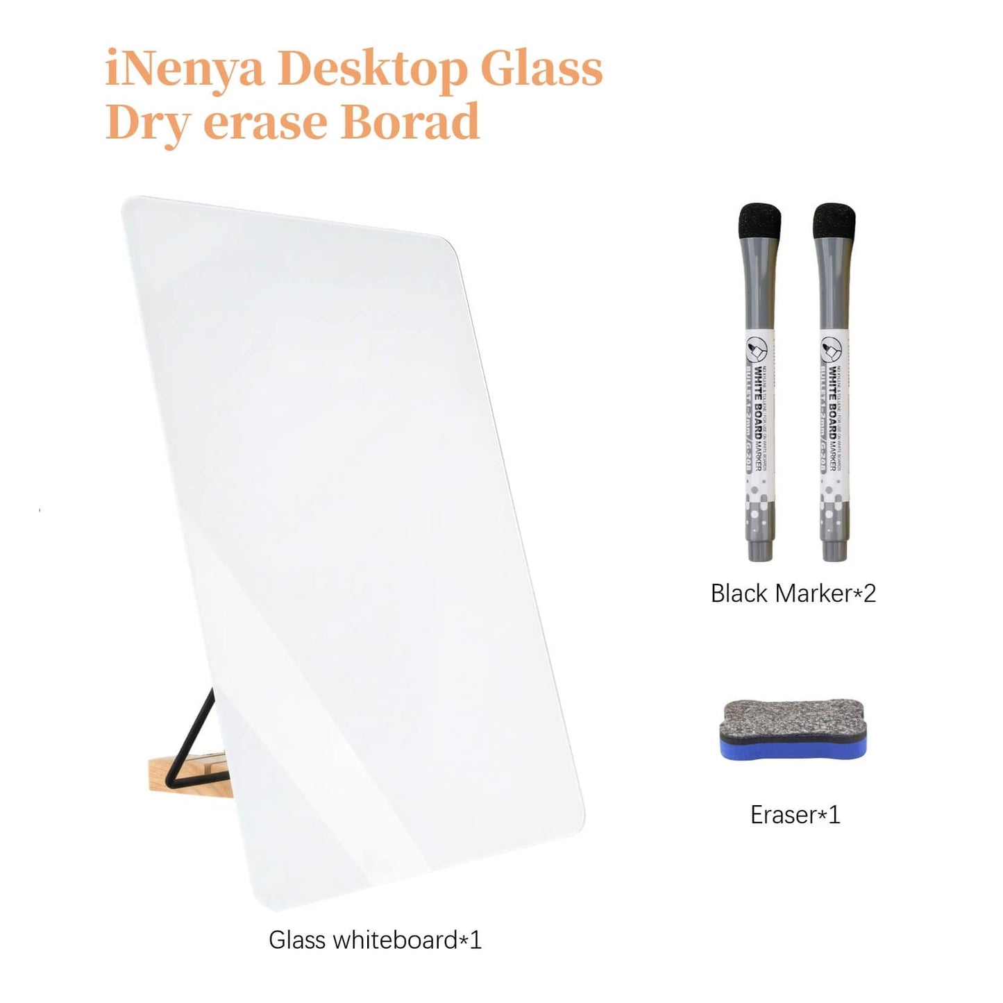 iNenya Glass White Board with Stand,Magnetic Mini Dry Erase Board for Desk,Small Desktop Whiteboard with Solid Wood Bracket