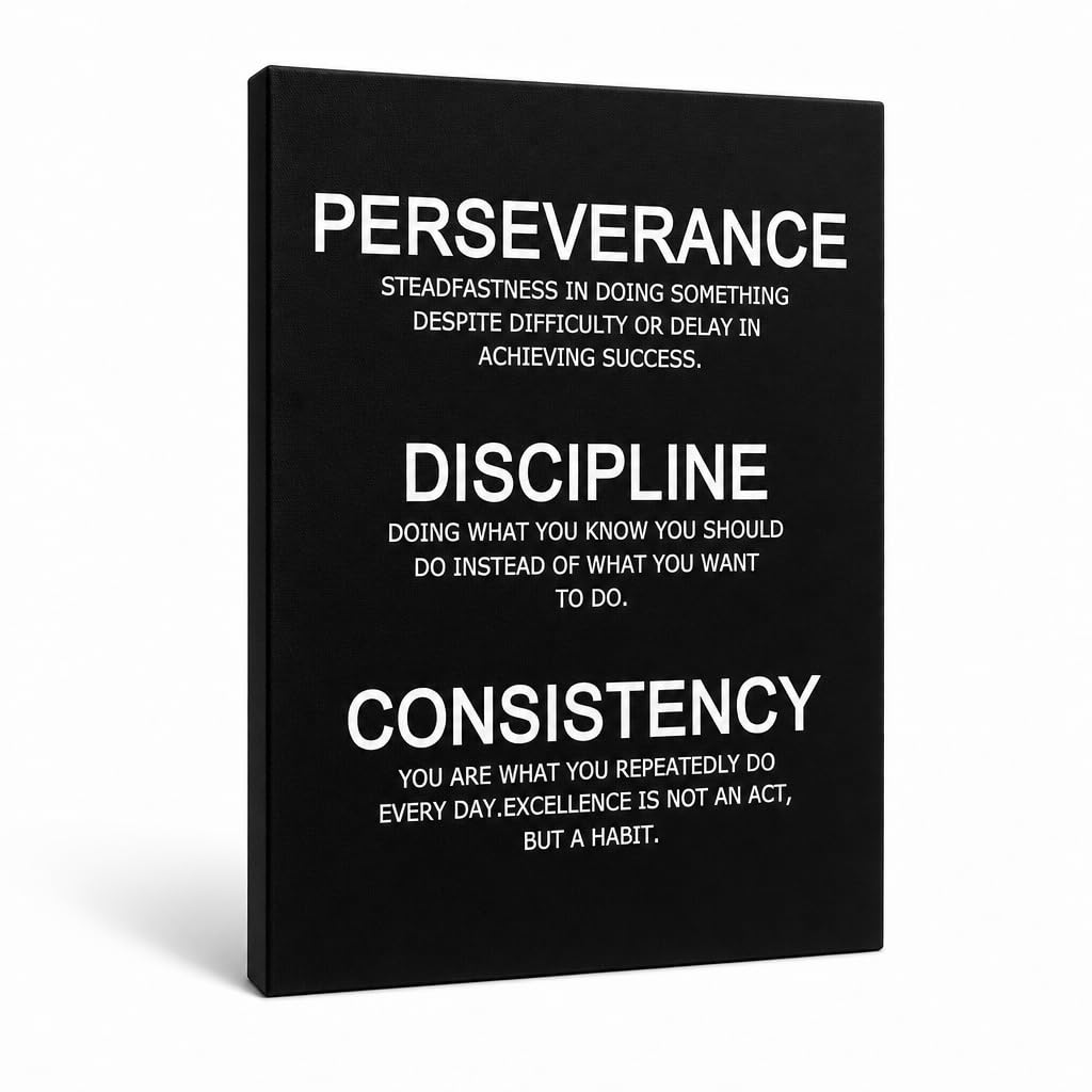 PJQART Inspirational Posters for Office Canvas Wall Art, Perseverance Discipline Consistency Definition Print for Home Office Dorm Classroom, Framed Black White, 24x18inch