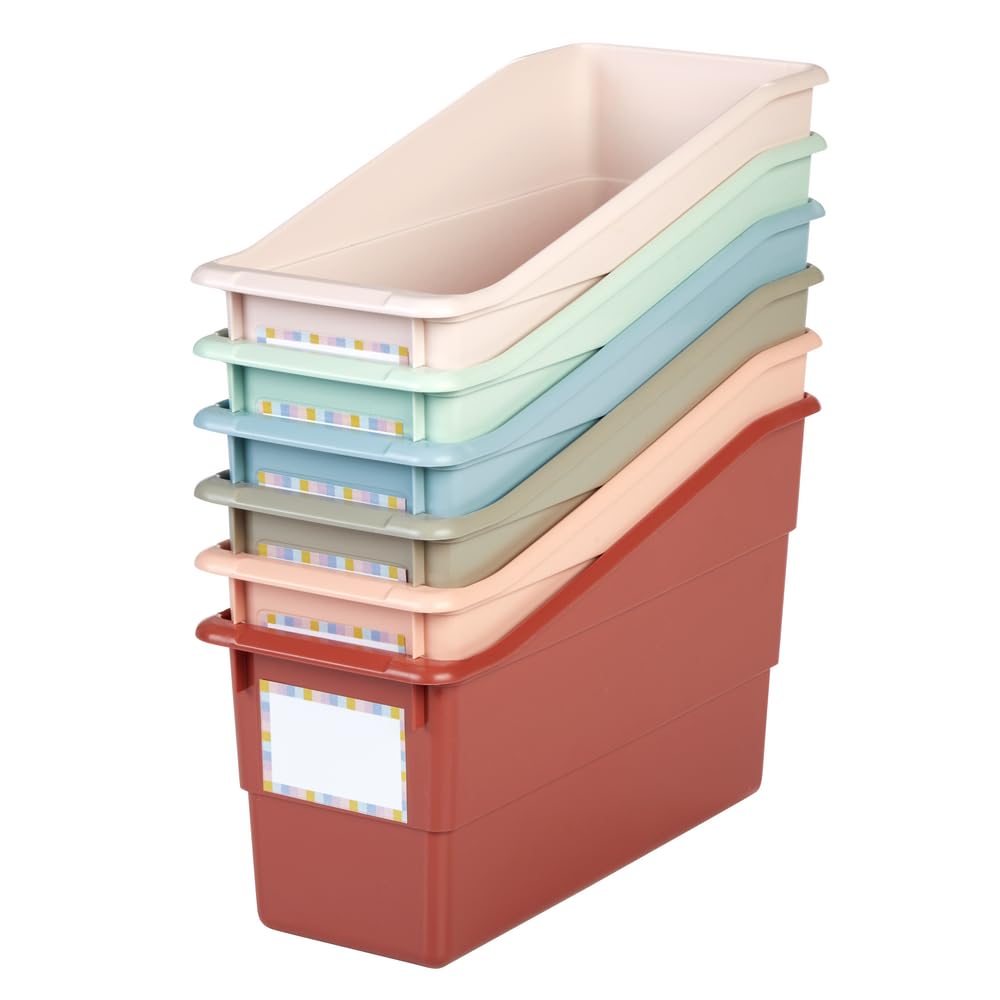 Really Good Stuff Durable Book and Binder Holders- Set of 6 Boho Colors - Plastic Storage Bins for Classroom and Office - File Folder Organizer, Magazine Holder, Book Display