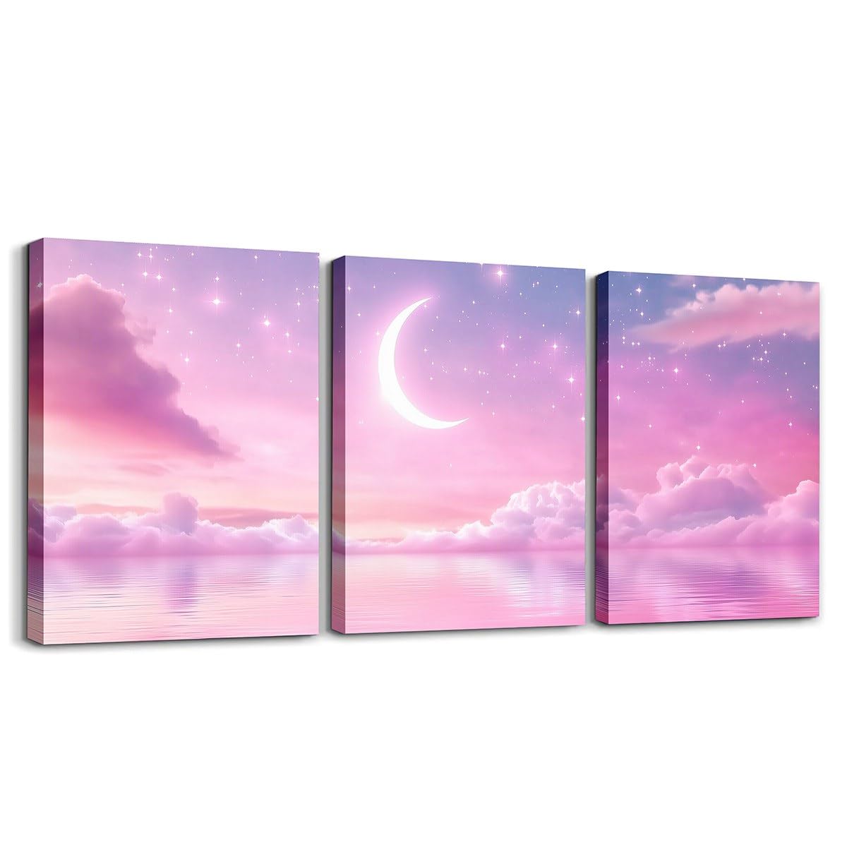 Feelyou Pink Galaxy 3 Piece Canvas Wall Art for Living Room Bedroom Starry Moon Wall Art for Home Decor Dreamy Nebula Office Decor Artwork Outer Space Picture Painting Posters