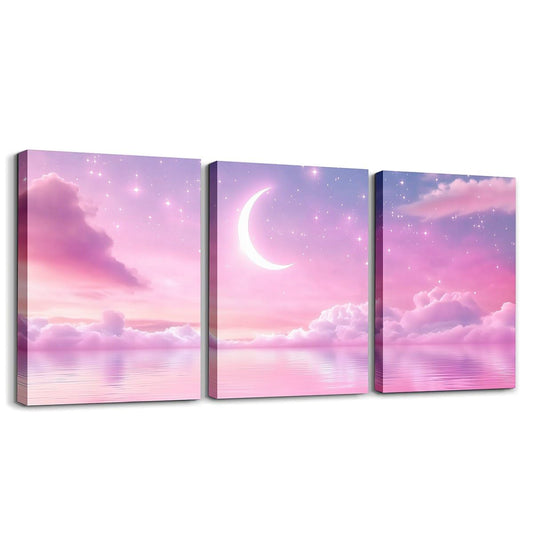Feelyou Pink Galaxy 3 Piece Canvas Wall Art for Living Room Bedroom Starry Moon Wall Art for Home Decor Dreamy Nebula Office Decor Artwork Outer Space Picture Painting Posters