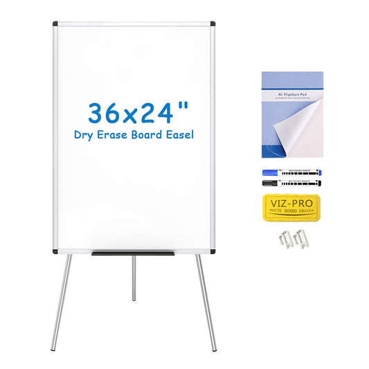 VIZ-PRO Whiteboard Easel, 36 x 24 Inches, Portable Dry Erase Board Height Adjustable With Flipchart Pad