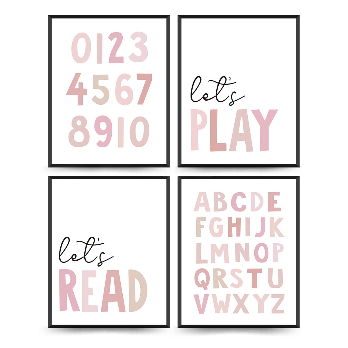 PLKMN Let's Play Read Wall Art Set of 4, Educational Posters, Montessori Classroom Decor, Neutral Kids Decor,Alphabets Number Prints for Nursery Classroom,8x10 Unframed - Pink