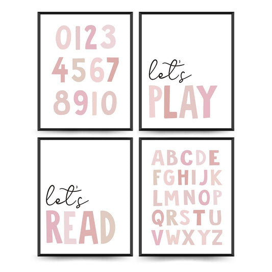 PLKMN Let's Play Read Wall Art Set of 4, Educational Posters, Montessori Classroom Decor, Neutral Kids Decor,Alphabets Number Prints for Nursery Classroom,8x10 Unframed - Pink