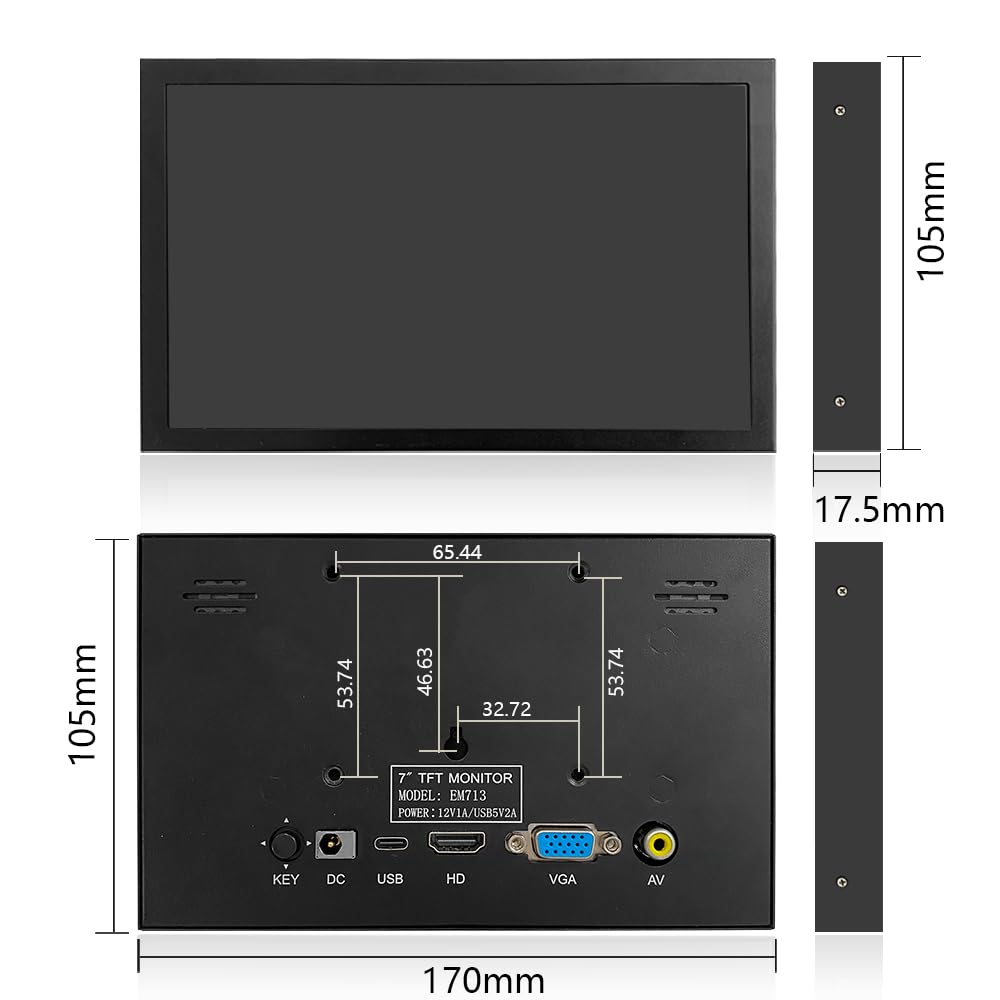 JniTyOpt 7 Inch Mini Monitor HDMI, Portable Vga Monitor with AV BNC 1024×600 LCD Screen with Built-in Speakers,IPS Multi-Function Small Display for Raspberry Pi PC/TV/DVD/CVBS