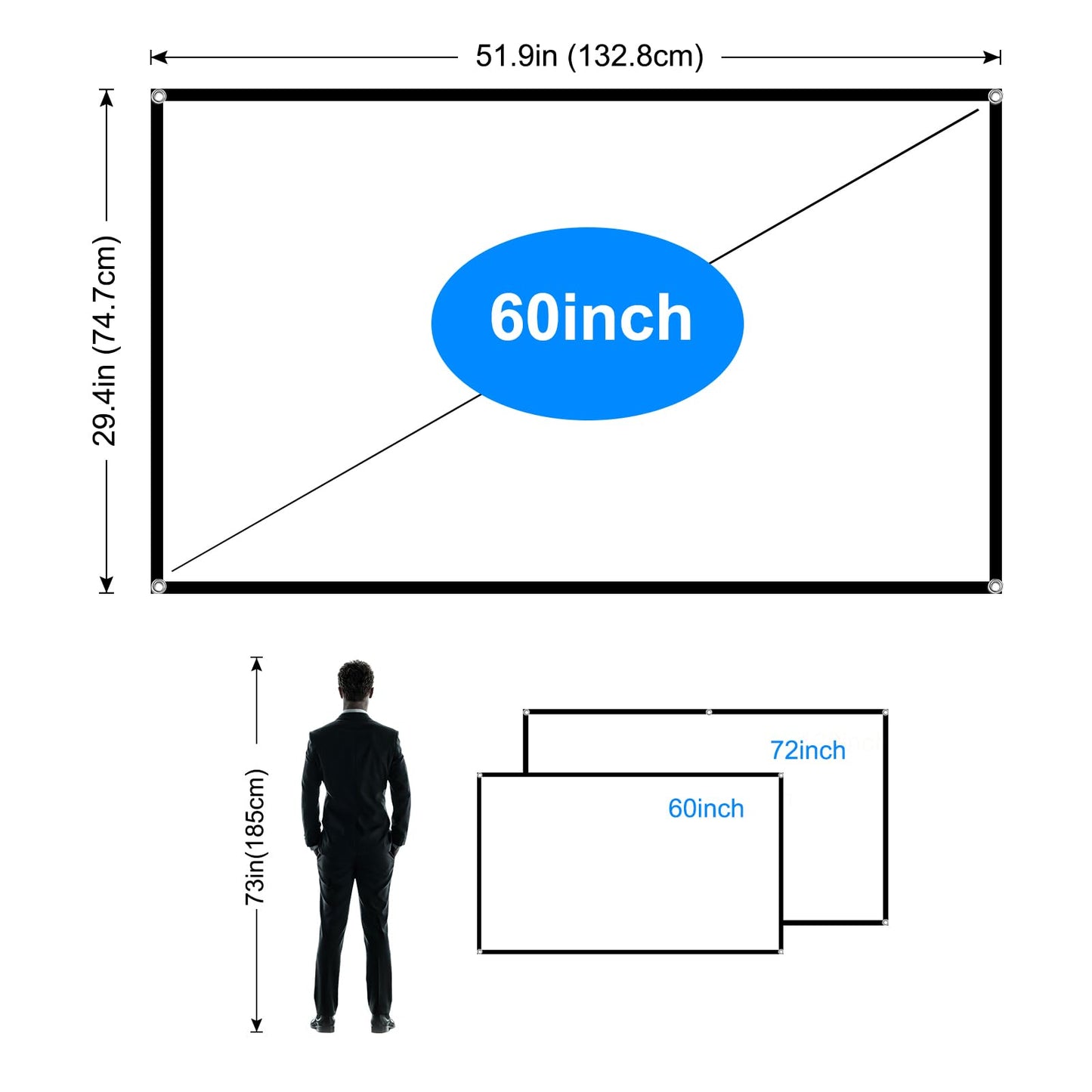 60 Inch Projector Screen, OKEDUO 4K 16:9 HD Portable Black Backing Movie Screen, Anti-Crease Indoor Outdoor Simple Install Foldable Projection Screen for Camping, RVing, Outdoor Theater Nights