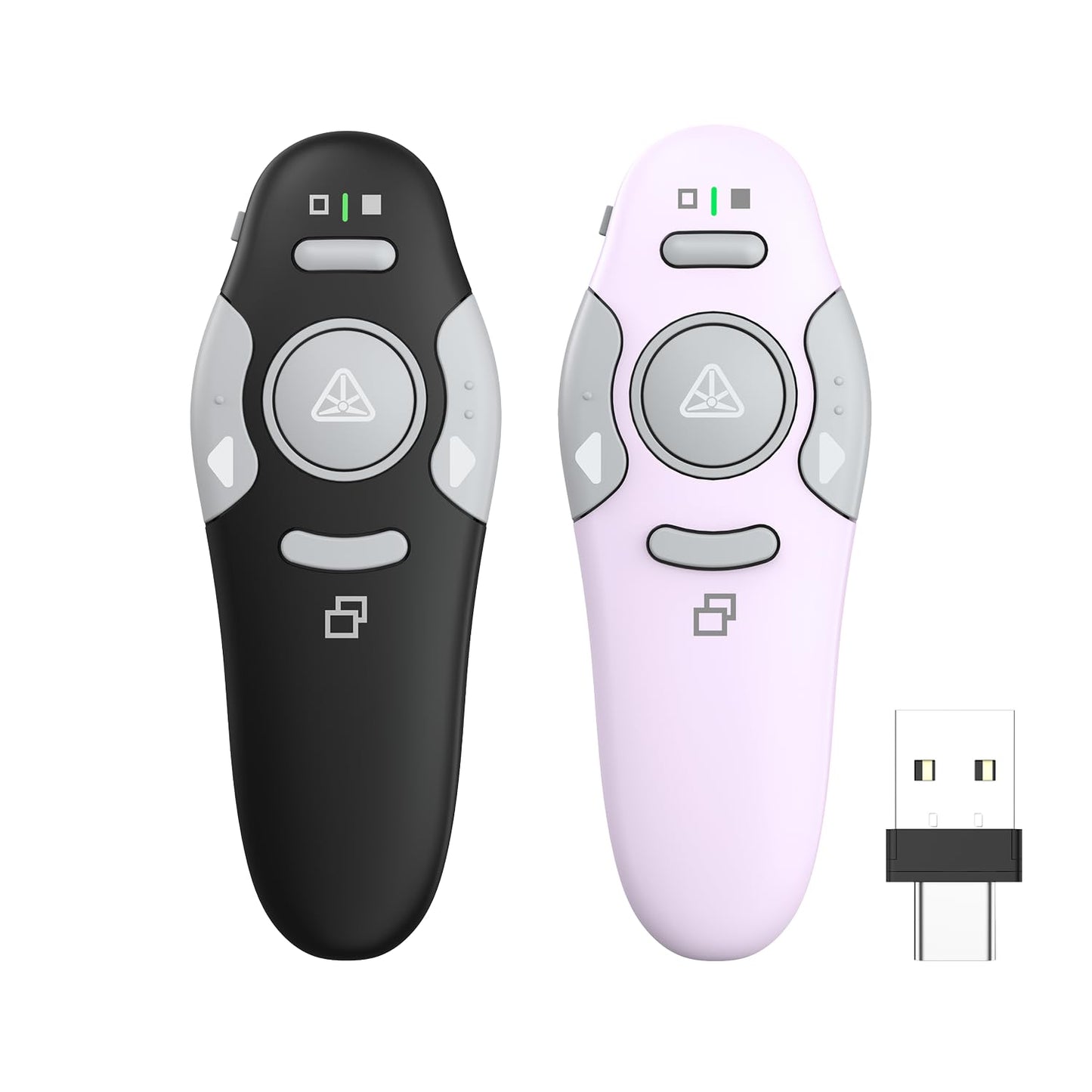 QUI 2 Pack Presentation Clicker, Wireless Presenter Remote Clicker for PowerPoint, Slide Advancer for Mac, Windows, Google Slide, Keynote (USB Type-c, Black Purple)