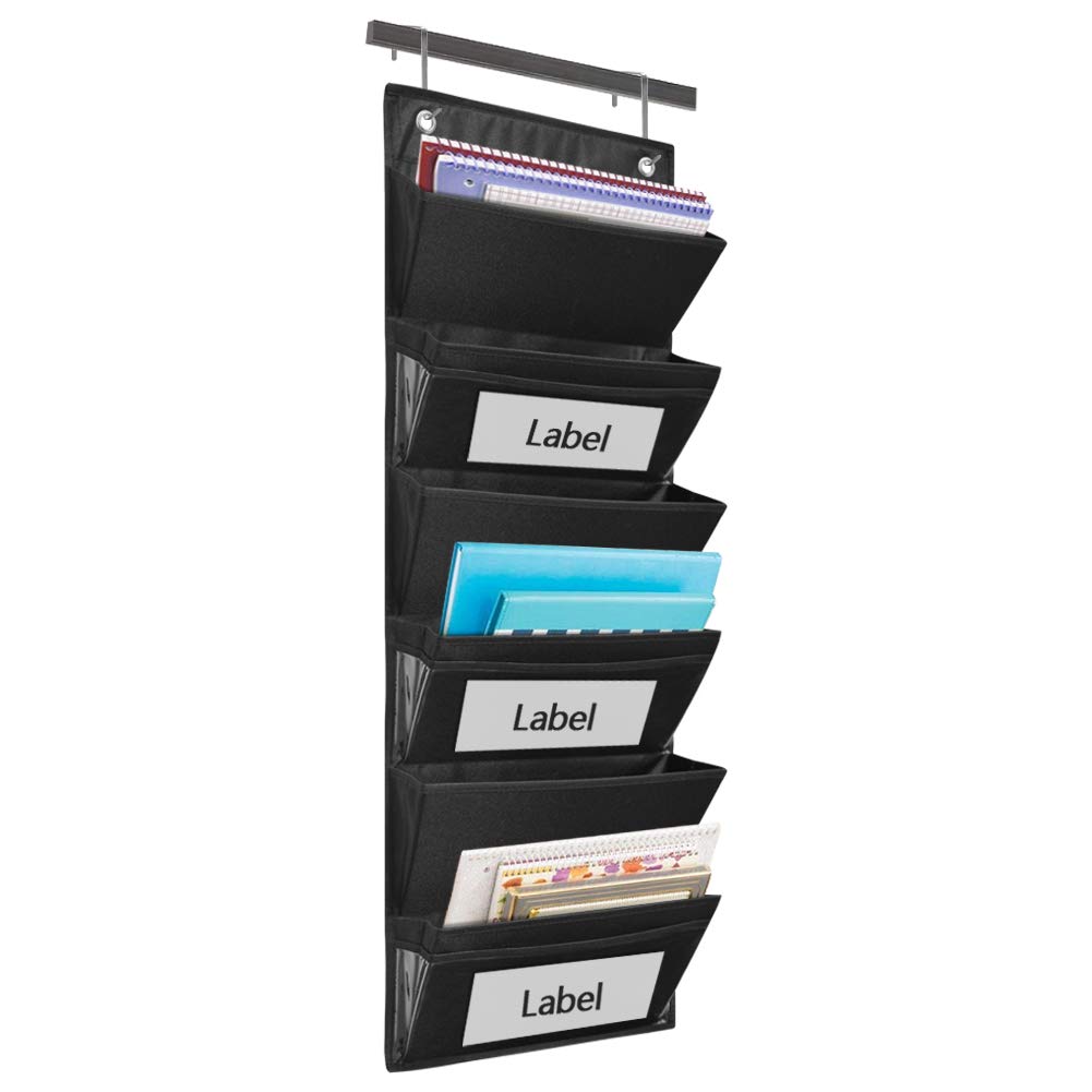 Eamay Hanging File Organizer Wall Mount Storage Pocket Chart, Over The Door Office Supplies Pocket Chart for Classroom, School, Home Use - 2 Over Door Hanger Included (Black)