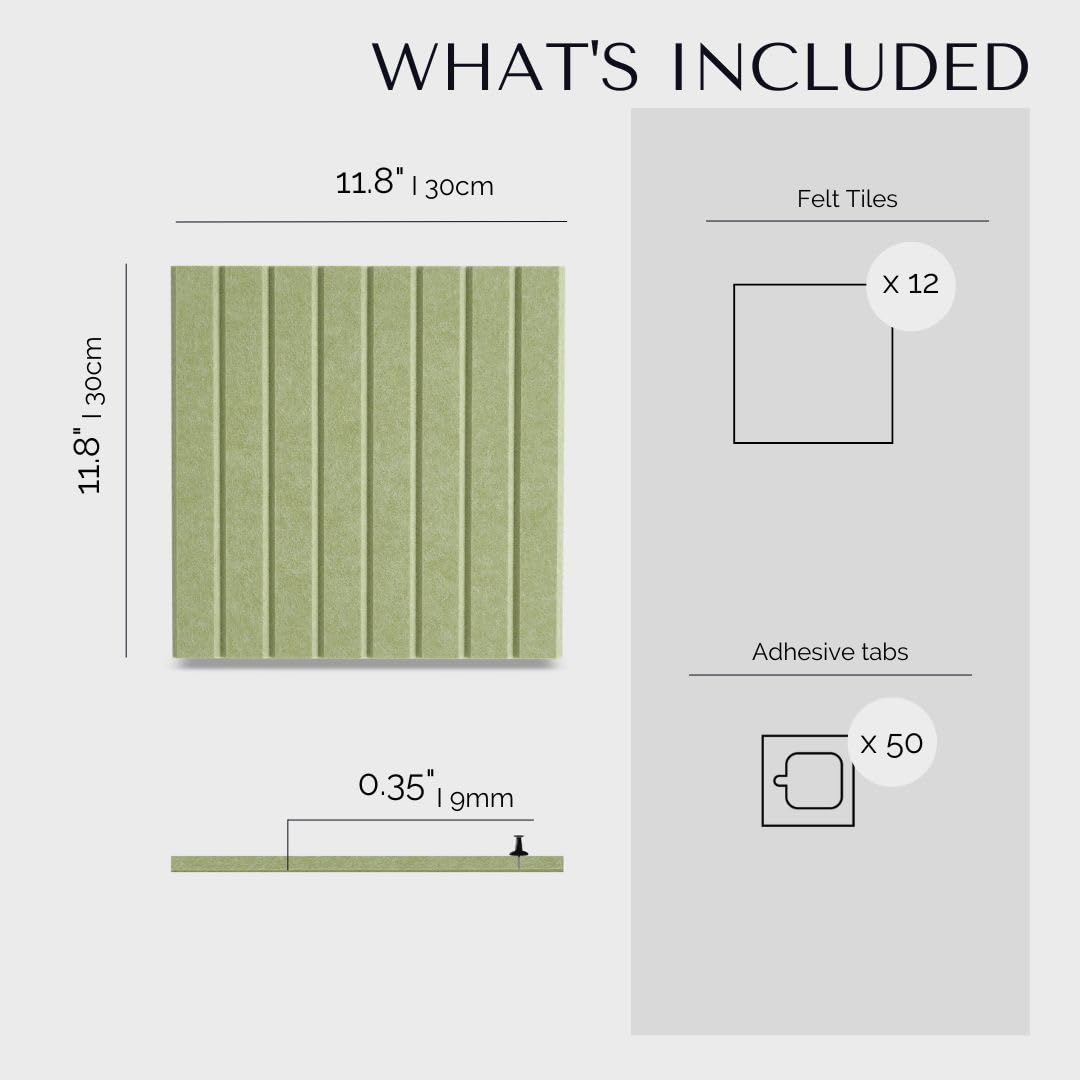 VIVELDA Felt Bulletin Board Tiles 48"x36" - 12-Pack Cork Board Alternative, Oeko-TEX Certified, NRC 0.95 Acoustic Wall Panels, Damage-Free Adhesive, Slatted Design, Home Office & Classroom (Avocado)
