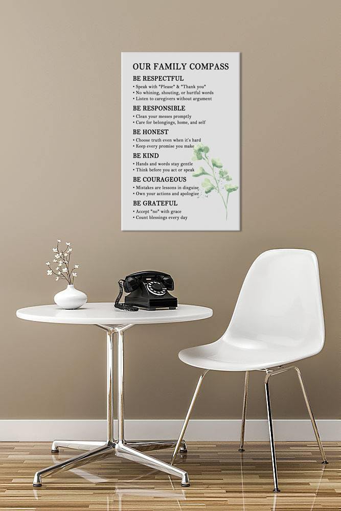 Our Family Compass Quote Canvas Wall Art House Rules Sweet Home Wall Decor for Living Room Decoration Family Sign Poster Picture Artwork Print for Home Bedroom Framed Ready to Hang [12''W x 18''H]