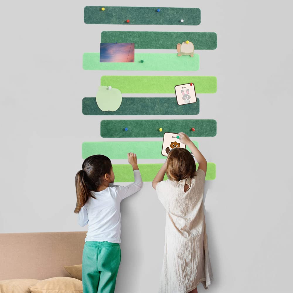 Vuzvuv 8Pcs Green Cork Board Bar Strips with 50 Pushpins & Sticky Notes, Self-Adhesive Bulletin Board Strips No Damage for Wall, Felt Pin Board for Paste Notes, Photos, Schedules Office Decor