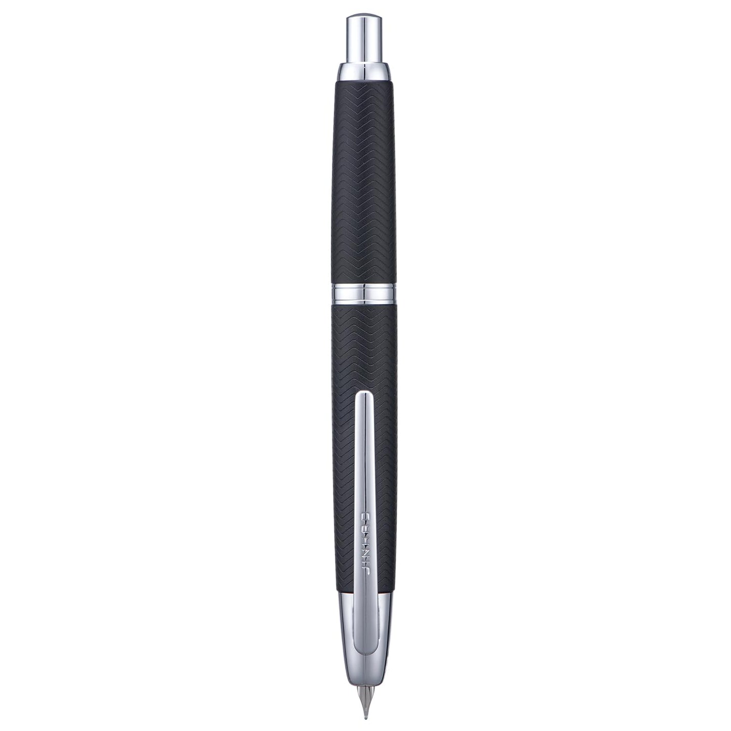 Jinhao 10 Press Fountain Pen with Box, Wavy Matt Black Chromium Retractable Extra Fine Nib with Ink Converter Set (Silver Clip)