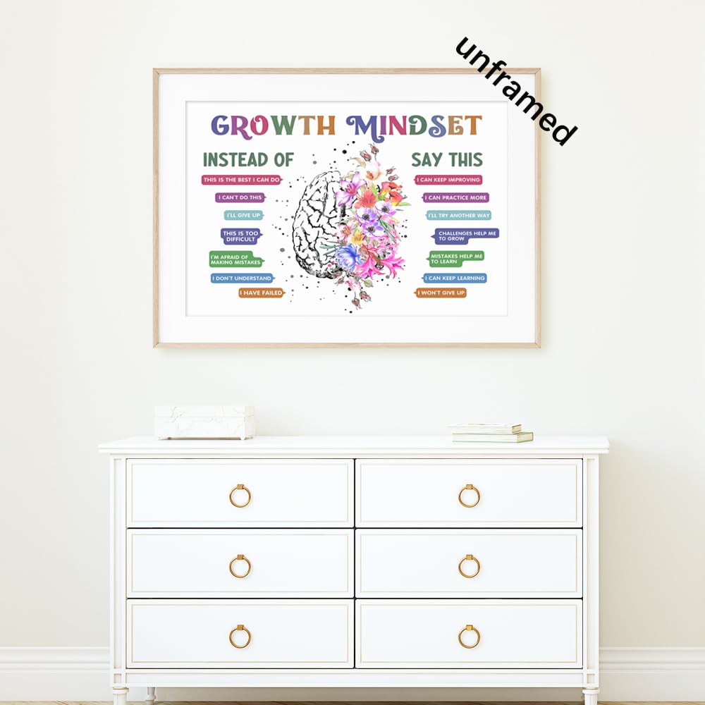 uoyien Classroom Growth Mindset Positive Affirmations Quotes Kids Mental Health Posters Brain Psychology Special Education Calm Corner Wall Art Office Therapy Canvas Wall Decor Prints 16x24in Unframed