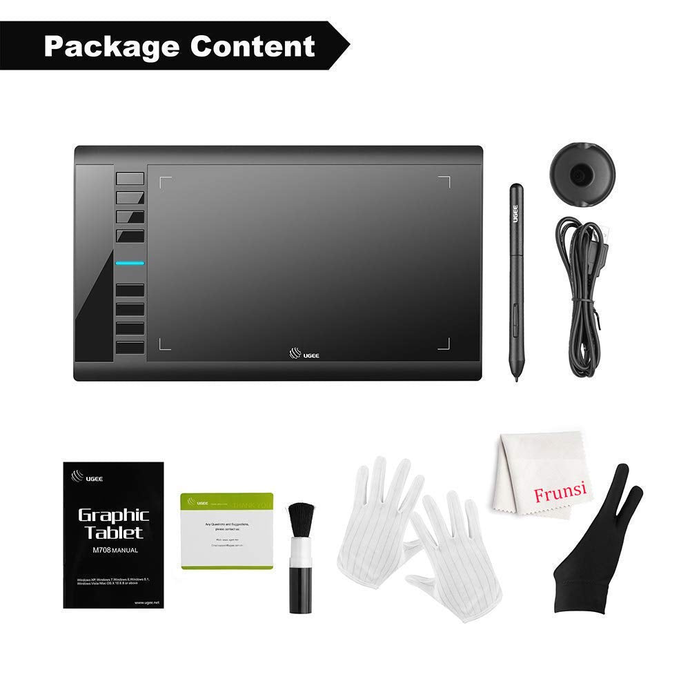 Drawing Tablet, UGEE M708 10 x 6 inch Large Drawing Tablet with 8 Hot Keys, Passive Stylus of 16384 Levels Pressure, Digital Graphics Art Tablet for PC Paint, Design, Art Creation Sketch