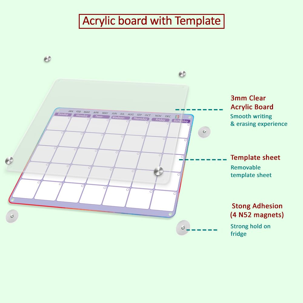 Purple Acrylic Fridge Calendar - Magnetic Calendar for Refrigerator 2 PCS | Calendars for Fridge with Removable Template - Magnetic to Do List for Refrigerator