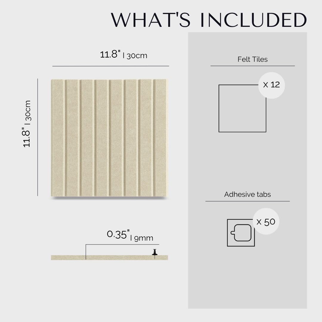 VIVELDA Felt Bulletin Board Tiles 48"x36" - 12-Pack Cork Board Alternative, OEKO-TEX Certified, NRC 0.95 Acoustic Felt Wall Panels, Damage-Free Adhesive, Slatted Design Home Office & Classroom (Opera)