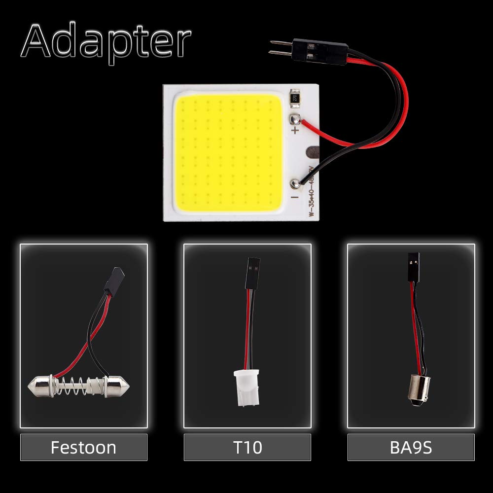 Grandview 10-Pack COB 48-SMD DC12V LED Dome Lamp - White Interior Reading Light with BA9S T10 Festoon Adapters