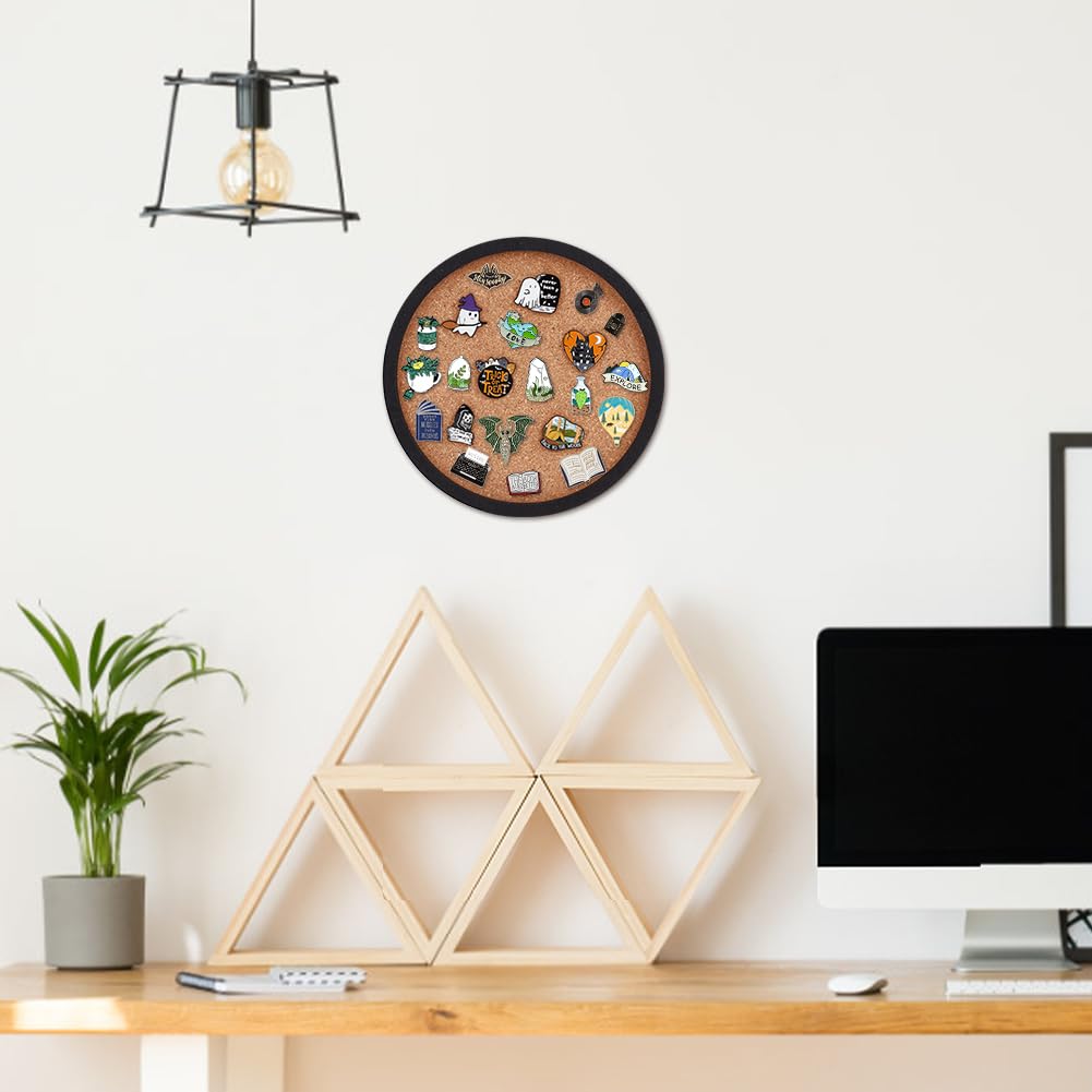 BENECREAT Flat Round Pin Board Cork Board, 7.87inch Bulletin Board Wall Mounted Display Board with Black Frame for Brooch Pin Storage Display, Office Home School Decor