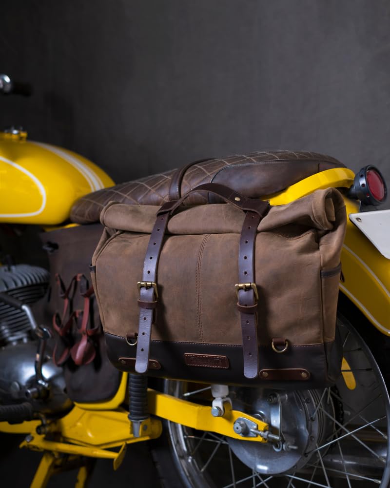 Trip Machine Company Outlaw Leather Motorcycle Saddlebag – 17L Roll Top Luggage Bag with Mounting Straps, Shoulder Strap & Waterproof Rain Cover (Dark Brown/Tobacco)