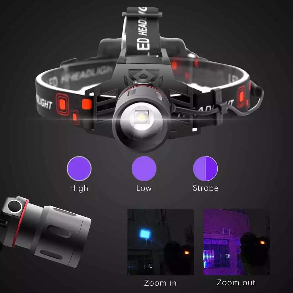PROFORUS UV LED Headlamp, Rechargeable & Zoomable, 395nm Ultra Violet Light, Purple