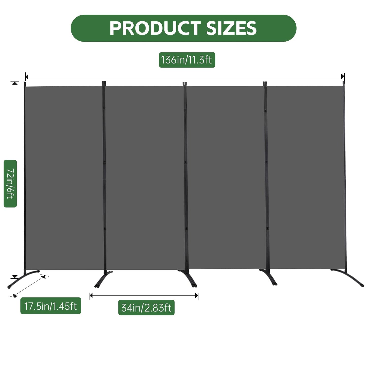 YASRKML Room Divider Folding Privacy Screens, Portable Room Divider Panel 4 Panel Partition Room Dividers Screen, Freestanding Room Partitions and Dividers Fabric Dividers for Room Separation, Grey