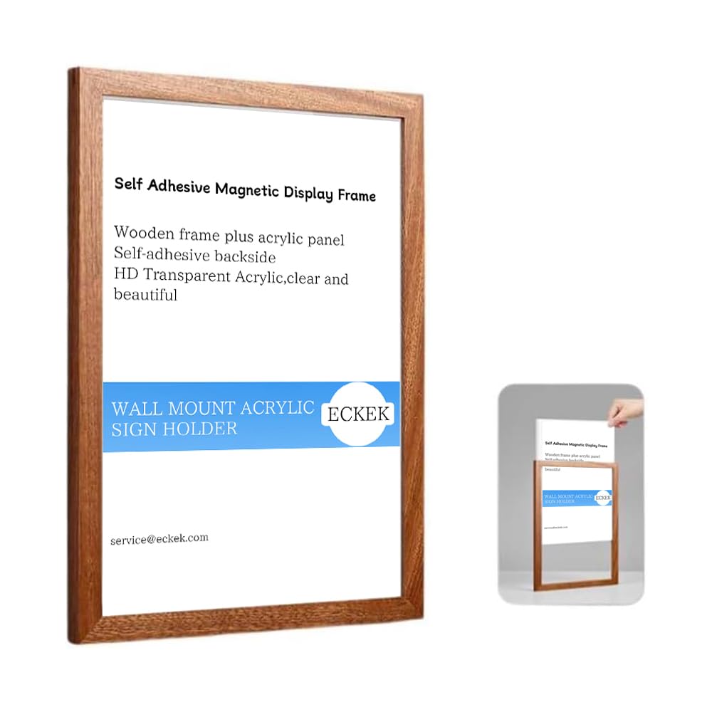 ECKEK Wall Mount Acrylic Sign Holder Self Adhesive Magnetic Display Frame Clear Document Frame for Office, Store, School, Home, Wall Picture Frame (Sapele Wood A4 210×297mm/8.27×11.69inches)