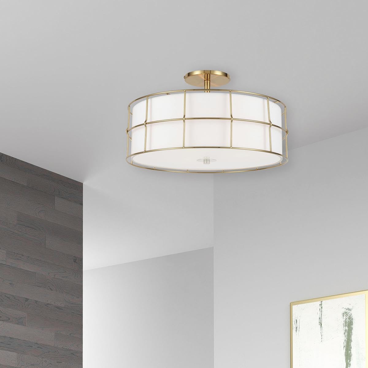 Dainolite Alcala Semi-Flush Mount Ceiling Light Fixture, Dimmable, 16in , Aged Brass, White Fabric Shade, Model ALC-163SF-AGB