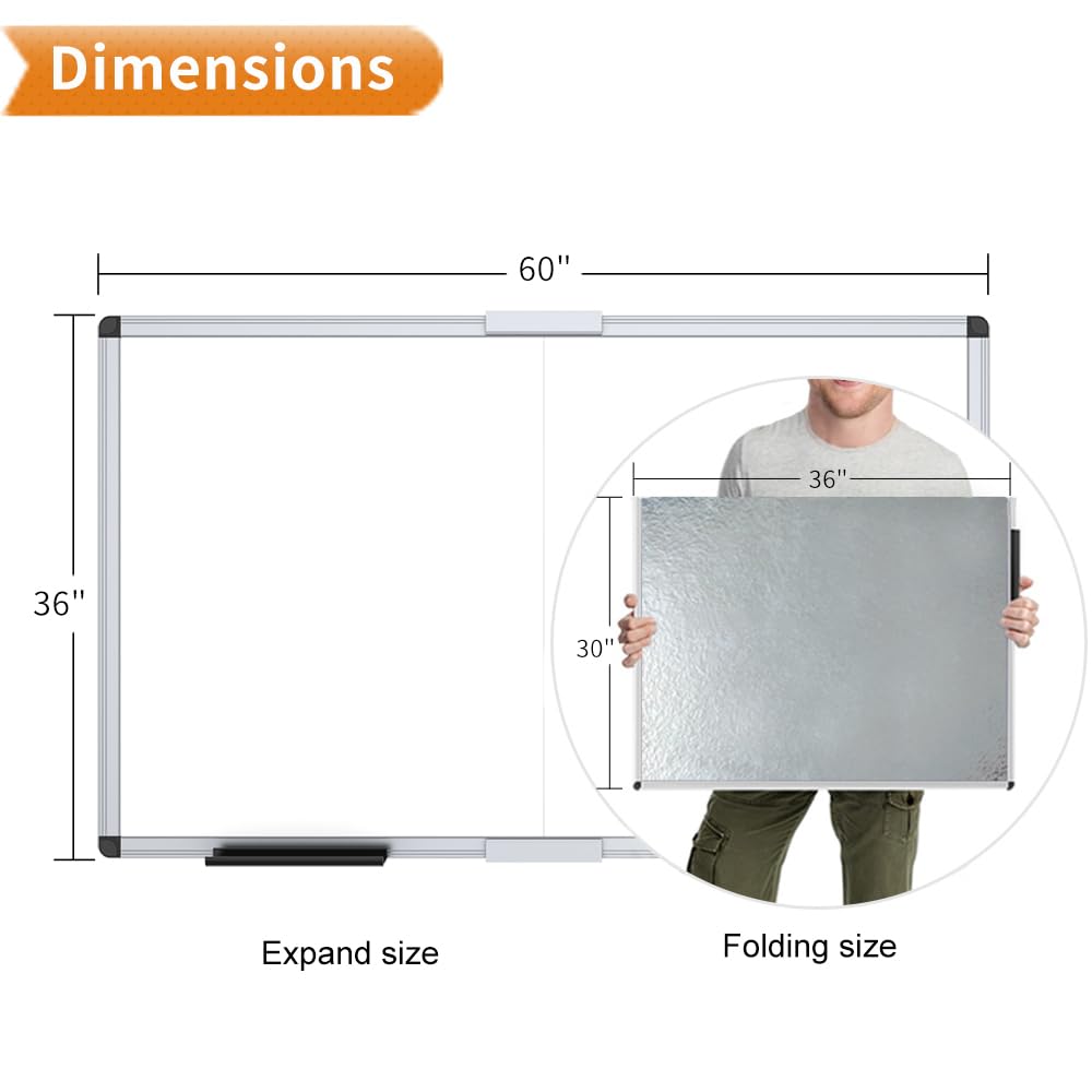 VIZ-PRO Magnetic Dry Erase Board, 60 X 36 Inches, Foldable Wall-Mounted Whiteboard with Silver Aluminum Frame & Marker Tray for School Office and Home 5' X 3'