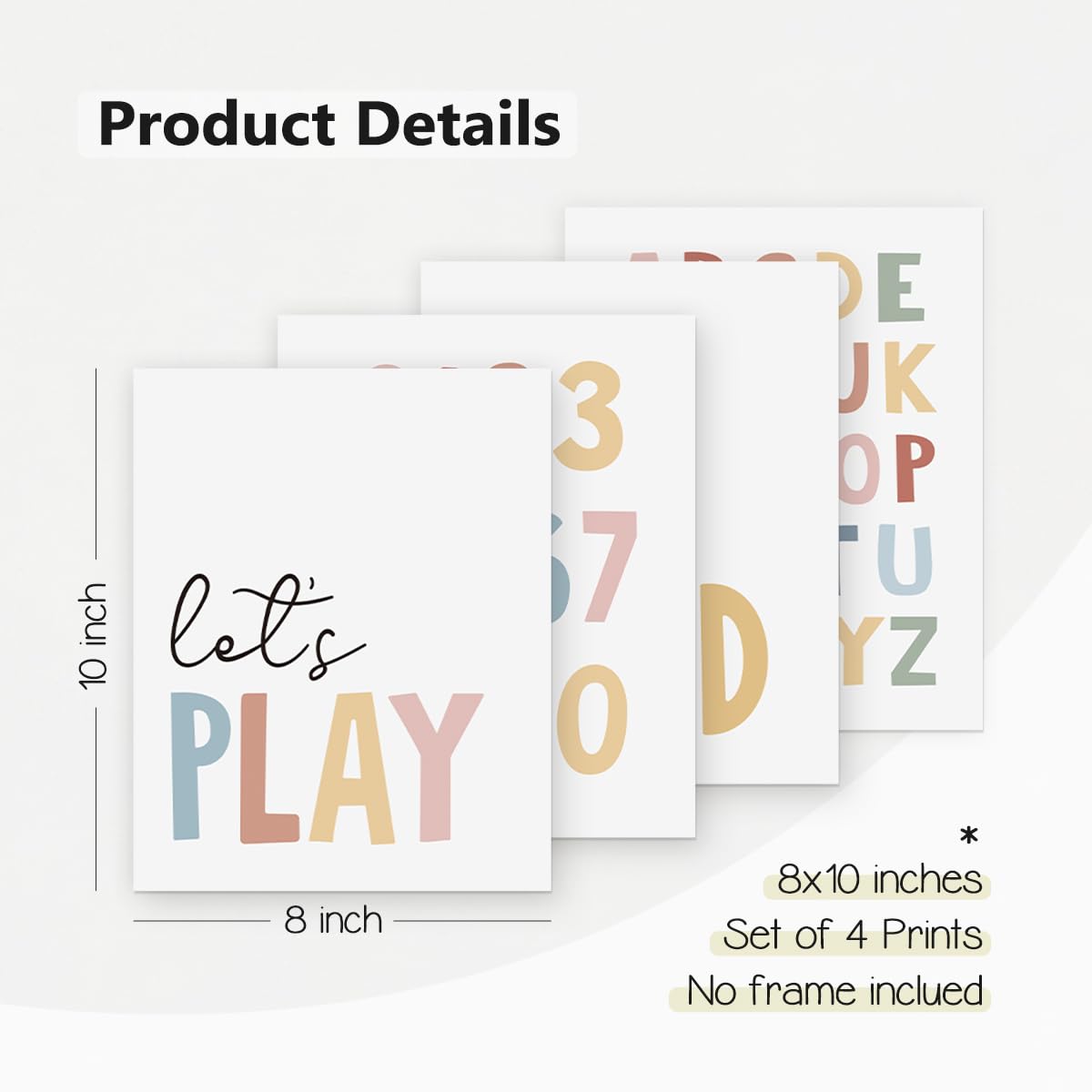 Let's Play Read Wall Art Set of 4，Educational Posters, Montessori Classroom Decor, Neutral Kids Decor,Alphabets Number Prints for Nursery Classroom Kids Room Toddler Playroom,8x10 Inch(Unframed)