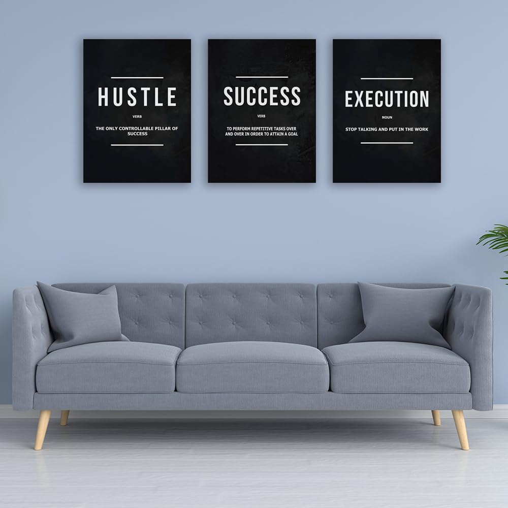 Halioyo Motivational Wall Art, 3 Pane Inspirational Canvas Prints with Positive Saying, Hustle Success Office Wall Decor for Living Room, Bedroom, Workspace, Ready to Hang(12x16 inch)