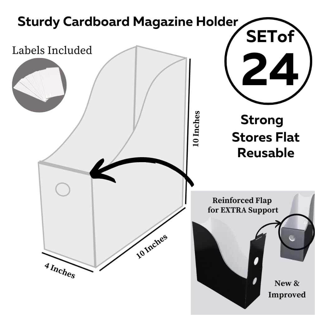 Evelots Magazine File Holder - Set of 24 White - Office Desk Organizer - Sturdy Cardboard - New Upgraded Double Front Panel for More Stability - Full 4 Inch Wide - Easy Assemble