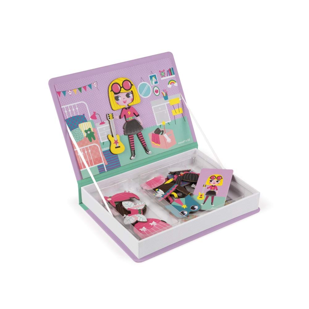 Janod - MagnetiBook 55 pc Magnetic Girl's Costumes Game - Creative Play - Enhances Creativity and Cognitive Skills - Portable Design, STEM Learning, Boosts Confidence