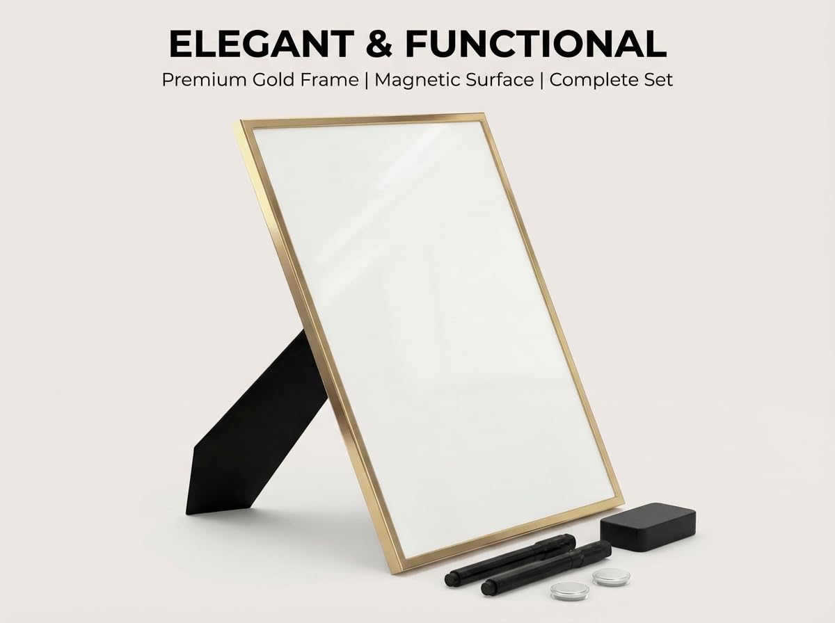 Lulu Office Magnetic Dry Erase Board 12x16 with Foldable Stand, Portable Gold Desktop Whiteboard for Home, Office, School & Kitchen