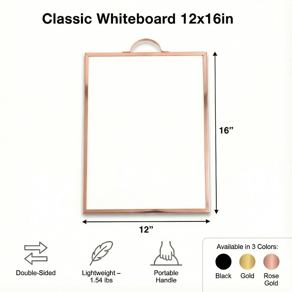 Lulu Office Magnetic Dry Erase Board 12x16 with Handle, Double Sided Portable Rose Gold Whiteboard for Home, Office, School & Kitchen, Includes Weekly & Monthly Magnetic Planner Sheets
